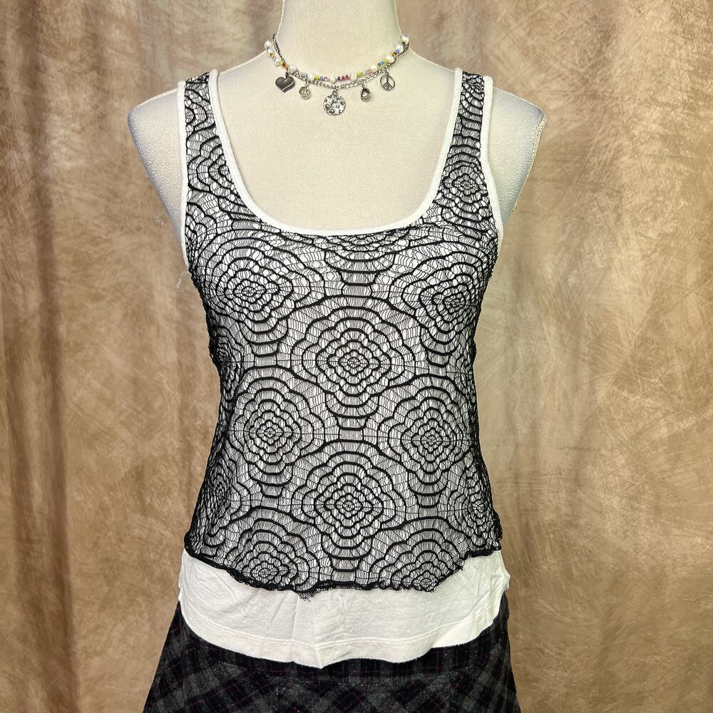 Y2K Lace Tank Top Layered Black White Floral Zip Up Sleeveless Boho Indie Sleaze